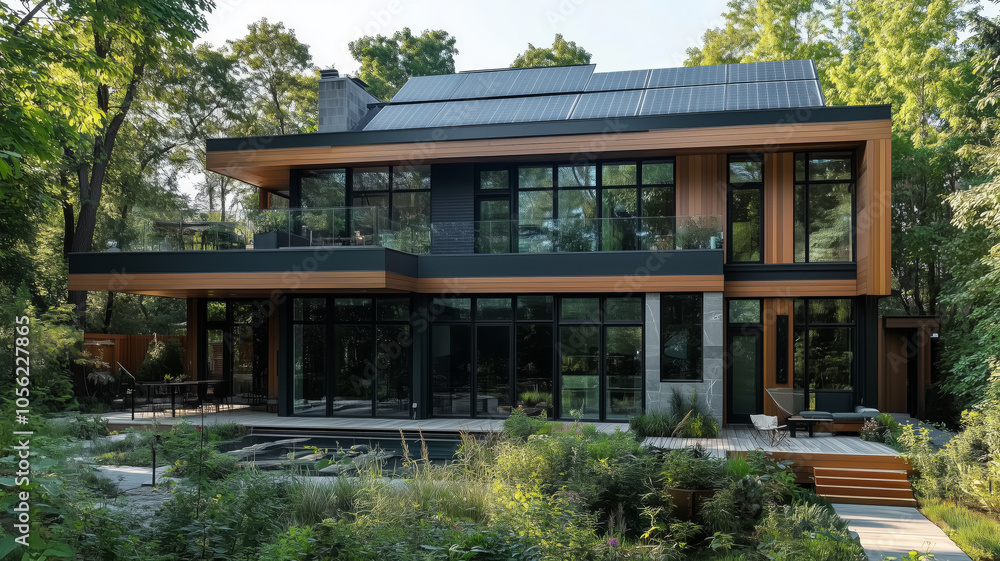 Modern eco-friendly home nestled in lush greenery captures serene lifestyle Modern eco-friendly home nestled in lush greenery captures serene lifestyle
