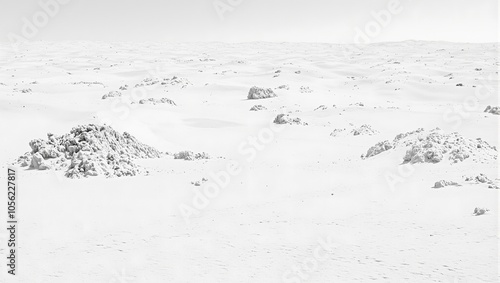 White sand dunes with pearly sheen and scattered rocks in alien desert landscape