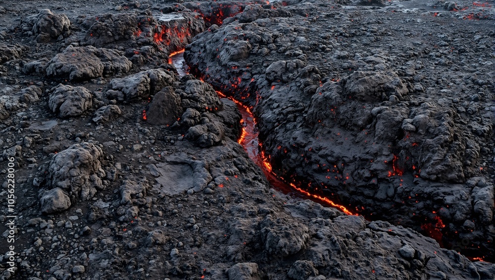 Volcanic landscape with hardened lava flows and glowing crevices Volcanic landscape with hardened lava flows and glowing crevices