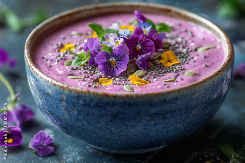 Vibrant smoothie bowl topped with edible flowers and seeds in a rustic setting Vibrant smoothie bowl topped with edible flowers and seeds in a rustic setting