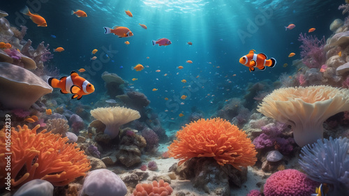 Wallpaper Mural A colorful coral reef scene with clownfish nestled among vibrant sea anemones, while nearby, a sea turtle glides through a kaleidoscope of tropical fish Torontodigital.ca