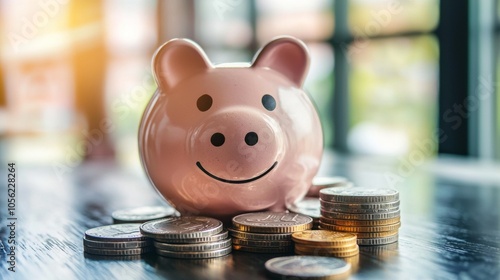 Piggy bank surrounded by stacks of coins representing savings photo