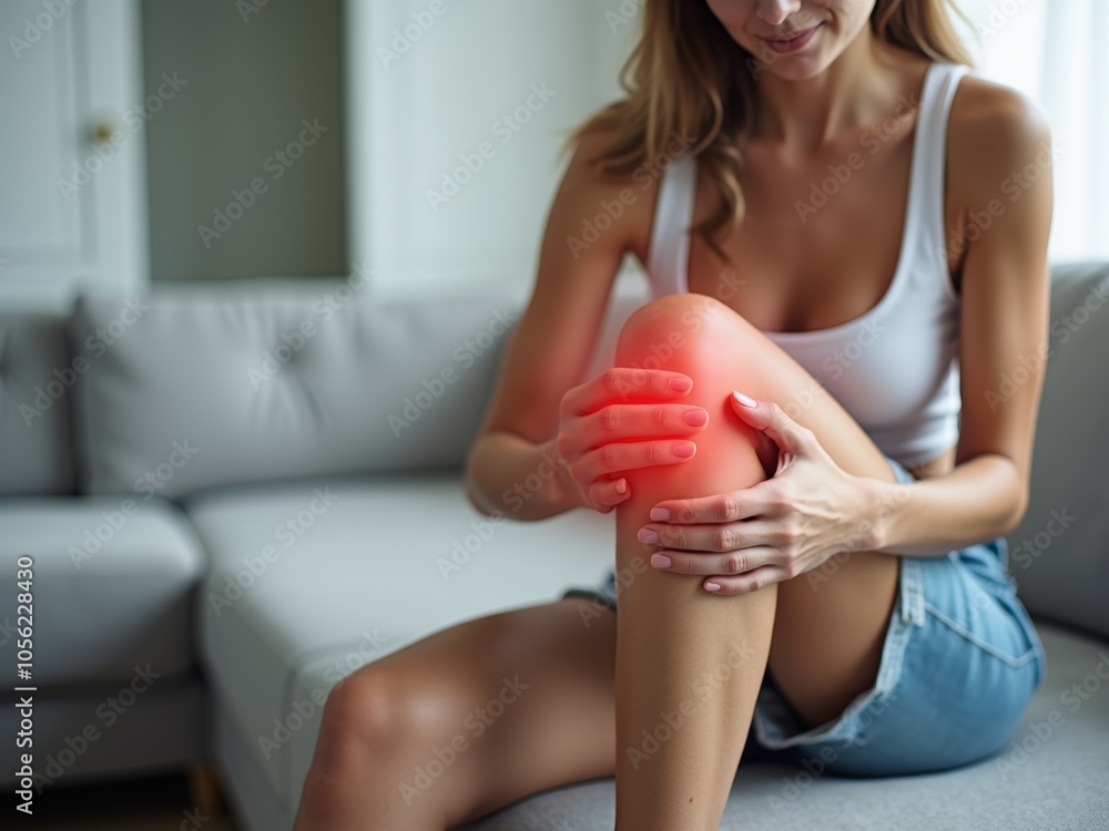 Woman Experiencing Knee Pain While Seated on a Couch in a Cozy Living Room During the Afternoon Woman Experiencing Knee Pain While Seated on a Couch in a Cozy Living Room During the Afternoon