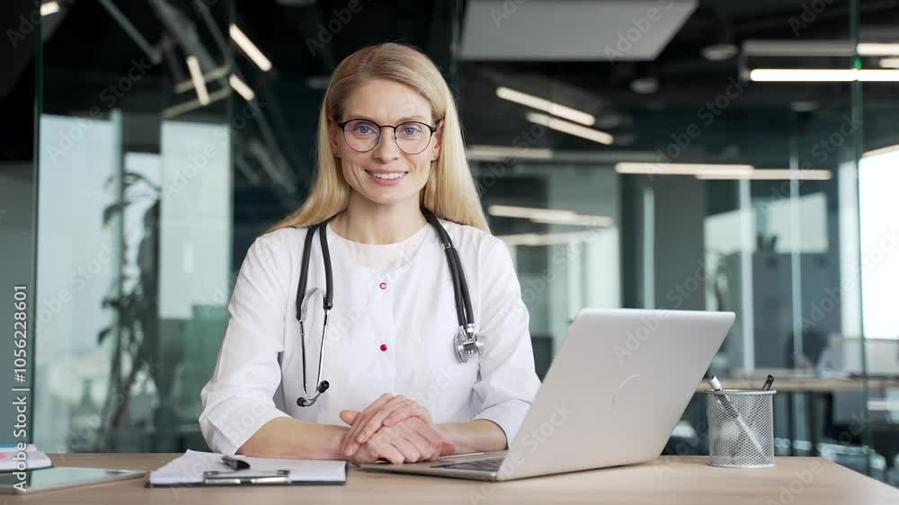 Portrait of happy female doctor in white coat looking at camera sitting at desk at workplace in hospital clinic. Smiling positive woman medical worker physician works on a laptop in the modern office Portrait of happy female doctor in white coat looking at camera sitting at desk at workplace in hospital clinic. Smiling positive woman medical worker physician works on a laptop in the modern office