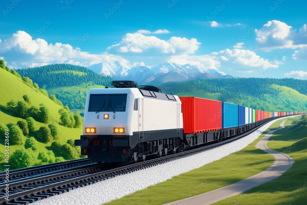 A vibrant cargo train journeys through picturesque landscapes under a sunny sky A vibrant cargo train journeys through picturesque landscapes under a sunny sky