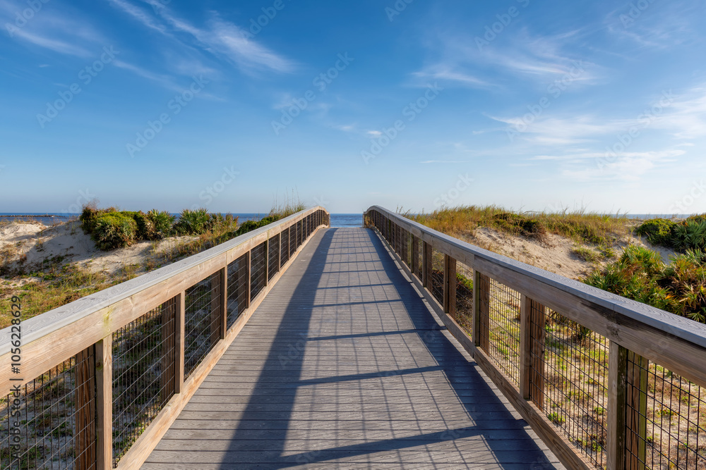 New Smyrna Beach, Elevated boardwalk trail in New Smyrna Dunes Park in sunny day in New Smyrna Beach, Florida New Smyrna Beach, Elevated boardwalk trail in New Smyrna Dunes Park in sunny day in New Smyrna Beach, Florida