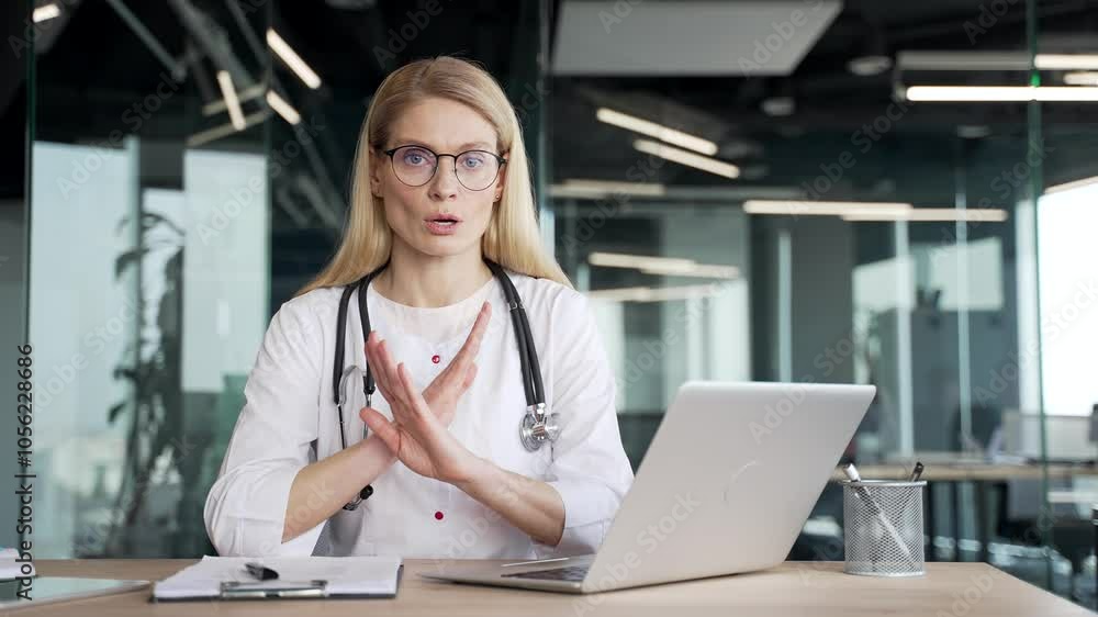 Serious female doctor showing crossed arms, X sign, shaking head no, sitting at desk at workplace in hospital clinic. Medical worker physician demonstrates gesture of prohibition, denial, disagreement Serious female doctor showing crossed arms, X sign, shaking head no, sitting at desk at workplace in hospital clinic. Medical worker physician demonstrates gesture of prohibition, denial, disagreement