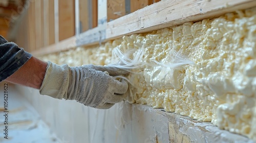Worker applying foam insulation to a wall in a residential space during renovation