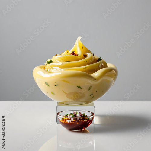 Glass Sculpture of Aloo Bhorta (Mashed Potatoes) with Creamy Yellow Hue and Textured Details, Elegant Art Display, Generative AI photo