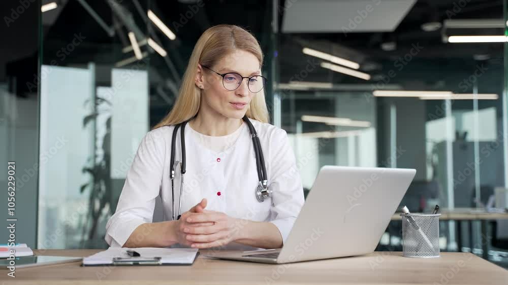 Confident female doctor in glasses talking on video call using laptop computer in hospital clinic. Smiling medical worker physician is having a remote consultation with patient while sitting in office Confident female doctor in glasses talking on video call using laptop computer in hospital clinic. Smiling medical worker physician is having a remote consultation with patient while sitting in office