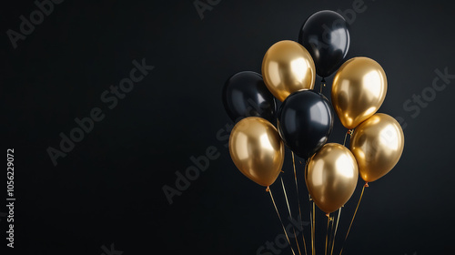 Golden and black balloons on black background 