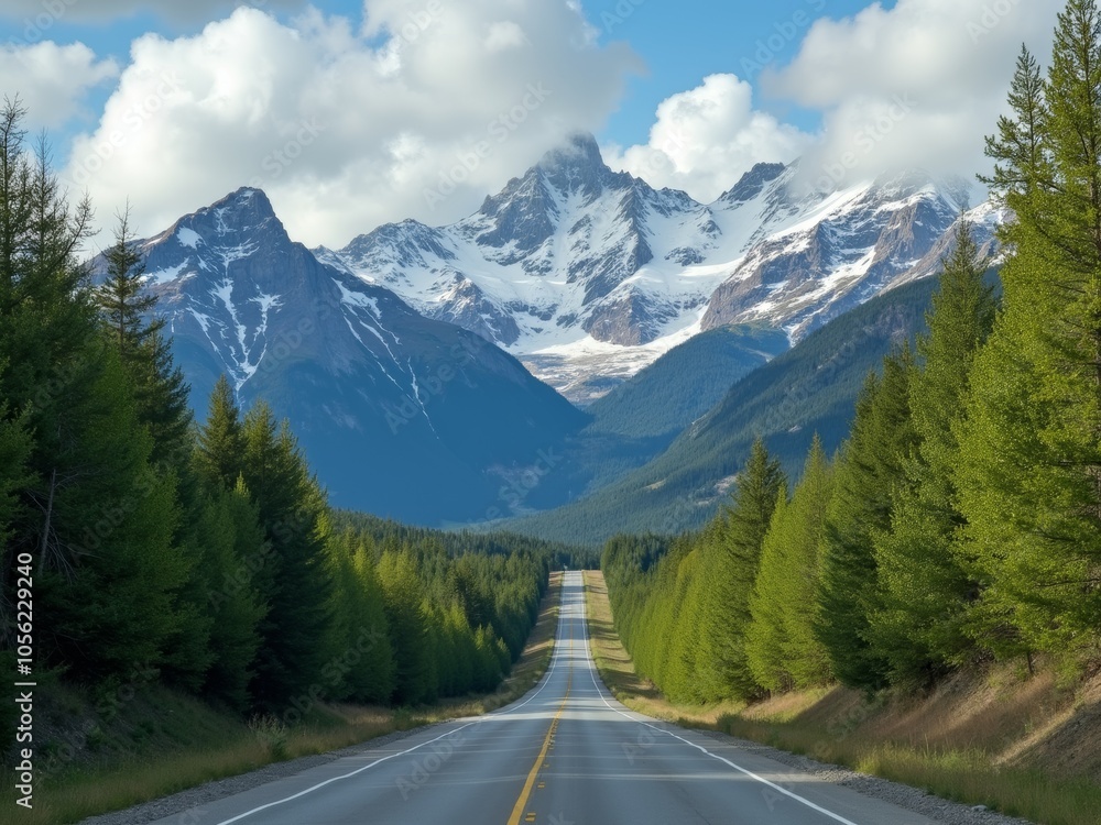 Scenic View of a Winding Road Leading Towards Snow-Capped Mountains Surrounded by Lush Green Forests on a Clear Day Scenic View of a Winding Road Leading Towards Snow-Capped Mountains Surrounded by Lush Green Forests on a Clear Day