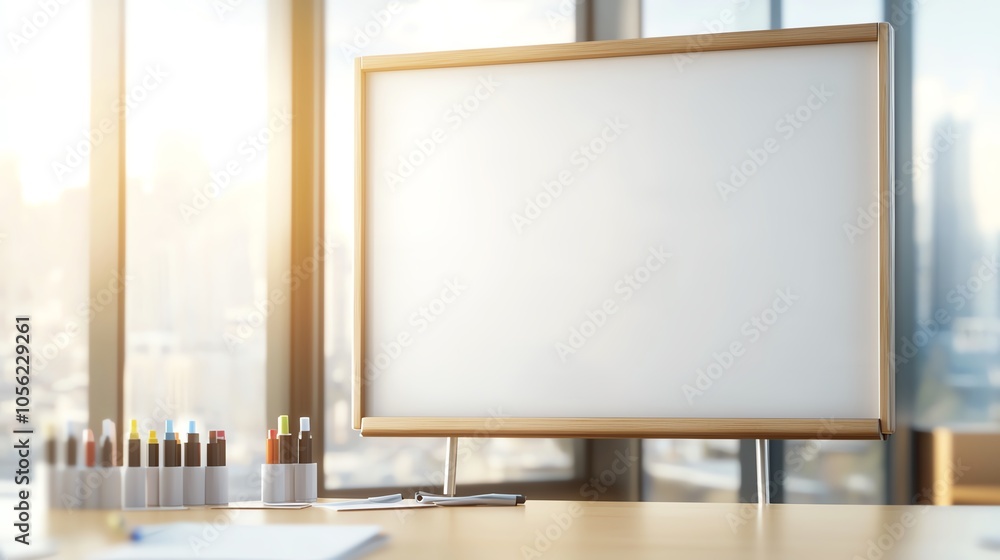 A modern office space featuring a blank presentation board and colorful markers for brainstorming ideas in a bright environment. A modern office space featuring a blank presentation board and colorful markers for brainstorming ideas in a bright environment.
