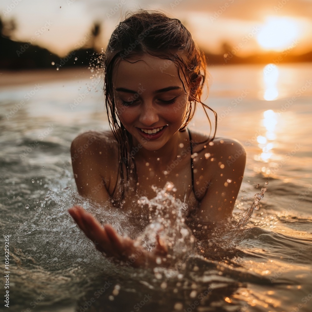 Obraz premium Model playing with water at the beach.