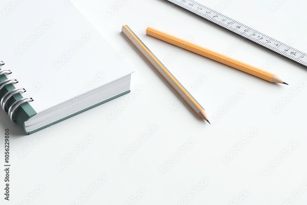 A blank notebook, two wooden pencils, and a ruler on a clean workspace. Ideal for educational or creative themes. A blank notebook, two wooden pencils, and a ruler on a clean workspace. Ideal for educational or creative themes.
