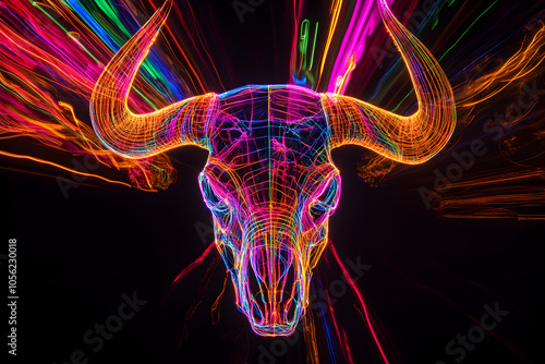 A mesmerizing neon wireframe buffalo skull accented by bright light trails against a black background --ar 3:2 --s 50