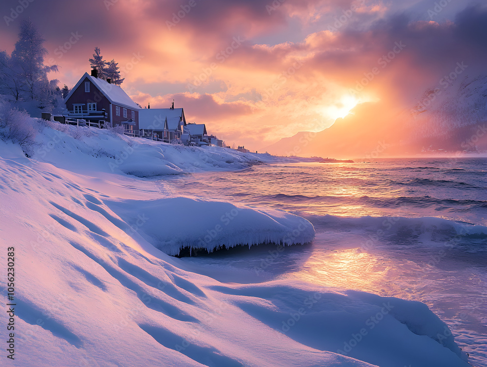 A picturesque winter scene with a row of houses along the shore, bathed in the golden light of a stunning sunset. A picturesque winter scene with a row of houses along the shore, bathed in the golden light of a stunning sunset.