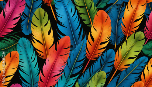 Vibrant colorful feathers spread across a dark background