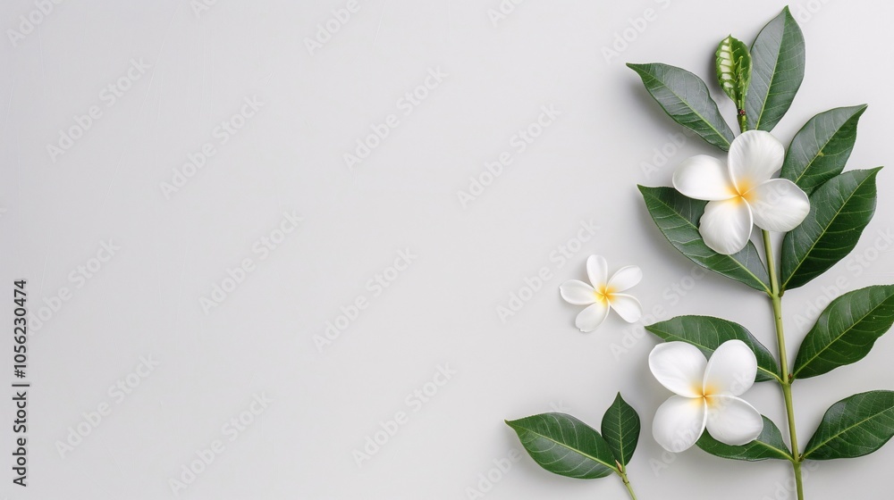 Fototapeta premium White Frangipani Flowers and Green Leaves on Light Background, Minimalist Botanical Layout with Copy Space for Nature, Spa, and Floral Decor Themes