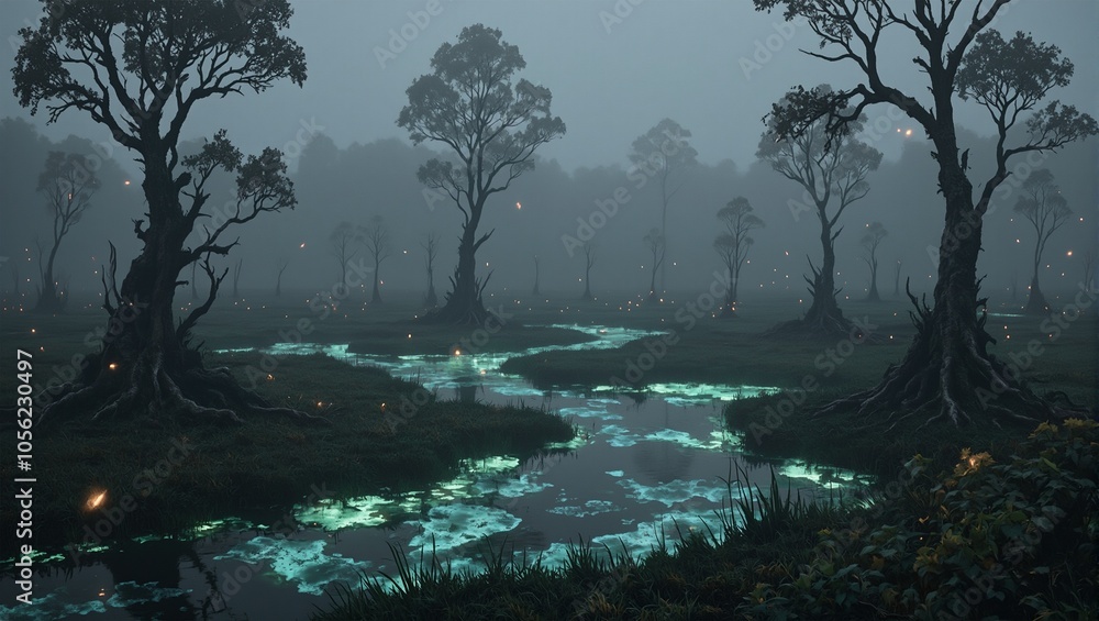 Eerie marshland with glowing water twisted trees and floating lights Eerie marshland with glowing water twisted trees and floating lights