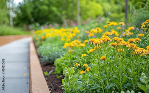 Urban garden featuring residents engaged in community eco-projects, vibrant hues, cheerful atmosphere, and abundant natural light.