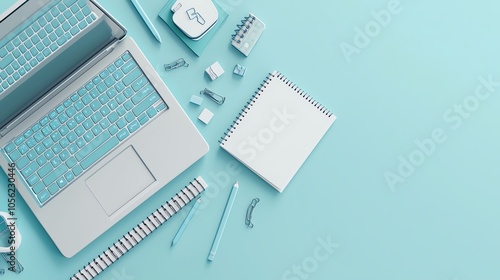 A modern workspace featuring a laptop, stationery, and a clean notebook layout on a vibrant turquoise background. photo