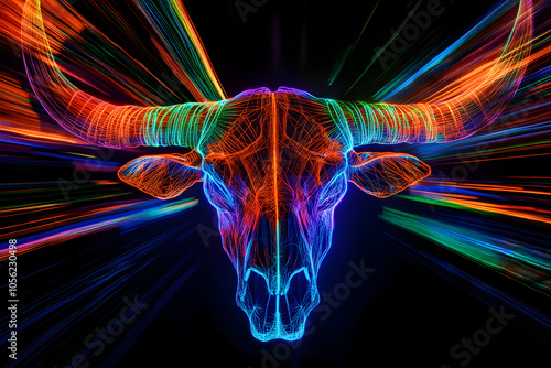 A captivating display of a neon wireframe buffalo skull surrounded by colorful light trails isolated on a black background --ar 3:2 --s 50