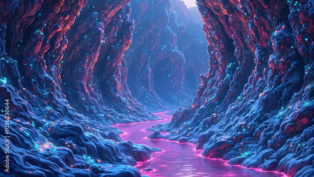 Iridescent canyon with glowing river and bioluminescent vines Iridescent canyon with glowing river and bioluminescent vines