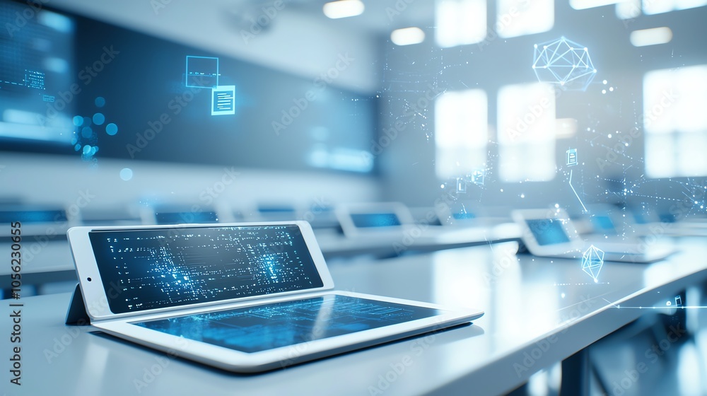 A modern classroom featuring tablet devices on desks, showcasing technology and digital education. A modern classroom featuring tablet devices on desks, showcasing technology and digital education.