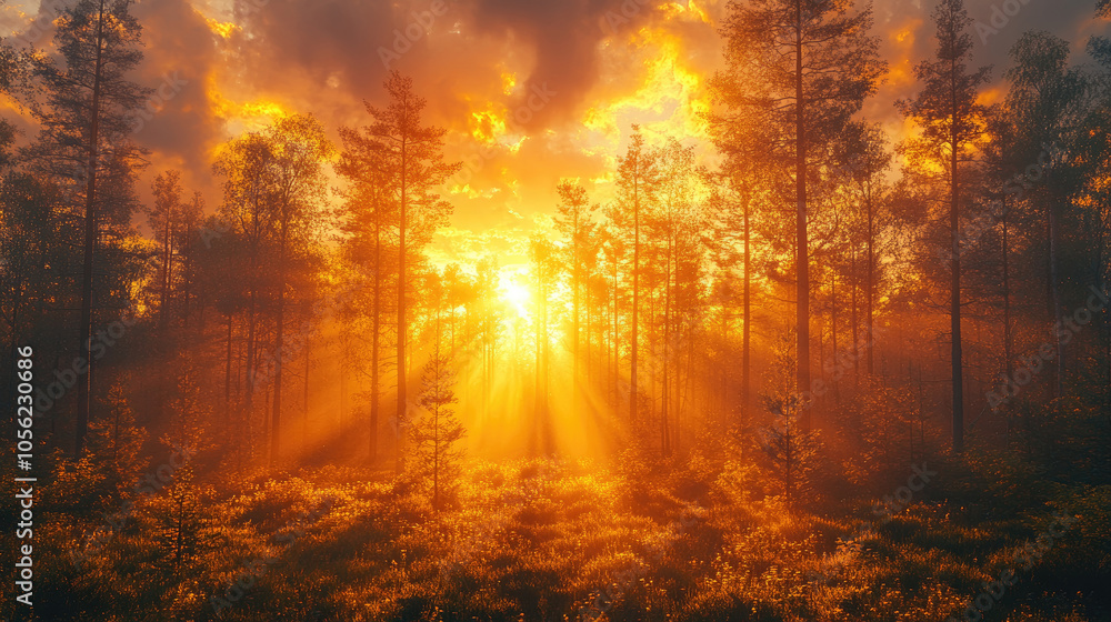Bright rays of sunlight burst through tall trees, illuminating the forest floor in a breathtaking display during sunset in nature's tranquil setting Bright rays of sunlight burst through tall trees, illuminating the forest floor in a breathtaking display during sunset in nature's tranquil setting