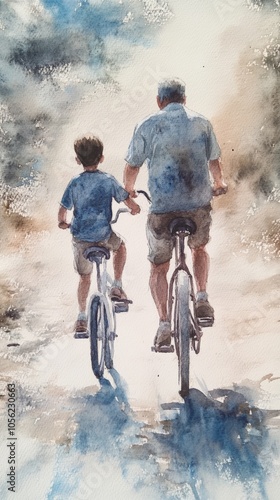 Father and son enjoying a leisurely bike ride on a sunny day in this heartwarming watercolor painting photo