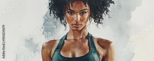 Watercolor portrait of a bold and confident young woman with a stunning afro, exuding strength and beauty through artistry