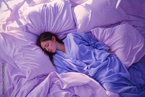 Peaceful rest: young woman sleeping in a cozy bed with purple sheets and pillows, captured in watercolor painting