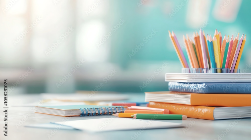 A colorful arrangement of stationery and books on a wooden desk with a soft focus background, perfect for education themes. A colorful arrangement of stationery and books on a wooden desk with a soft focus background, perfect for education themes.