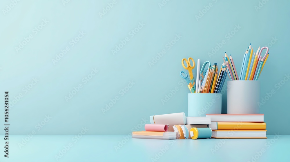 Colorful stationery supplies arranged neatly on a pastel blue background, perfect for office and school settings. Colorful stationery supplies arranged neatly on a pastel blue background, perfect for office and school settings.