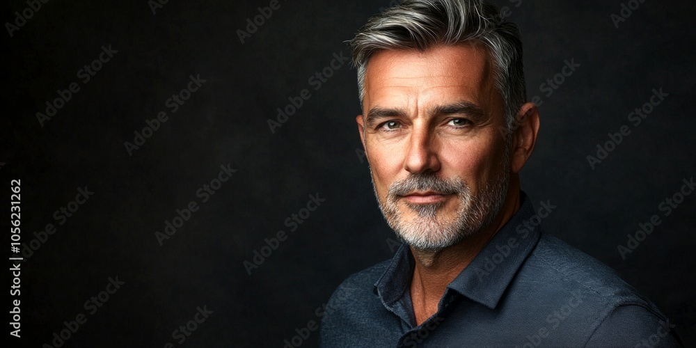 A confident mature man with silver hair poses in a dark setting. His expression is calm and inviting, reminiscent of classic portrait styles. This image captures elegance and sophistication. AI A confident mature man with silver hair poses in a dark setting. His expression is calm and inviting, reminiscent of classic portrait styles. This image captures elegance and sophistication. AI