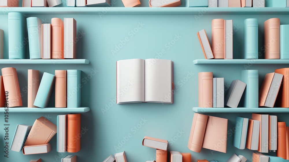 A vibrant bookshelf with colorful books and an open book in the center, creating a cheerful reading atmosphere. A vibrant bookshelf with colorful books and an open book in the center, creating a cheerful reading atmosphere.
