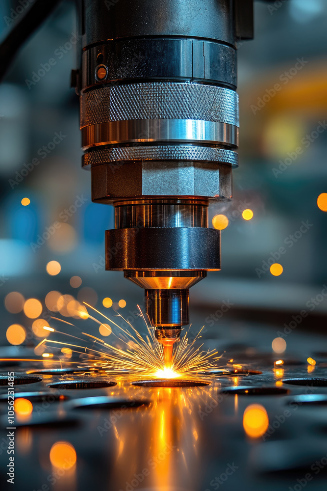 The powerful laser cutter ignites sparks as it precisely engraves designs into metal sheets in a busy workshop The powerful laser cutter ignites sparks as it precisely engraves designs into metal sheets in a busy workshop