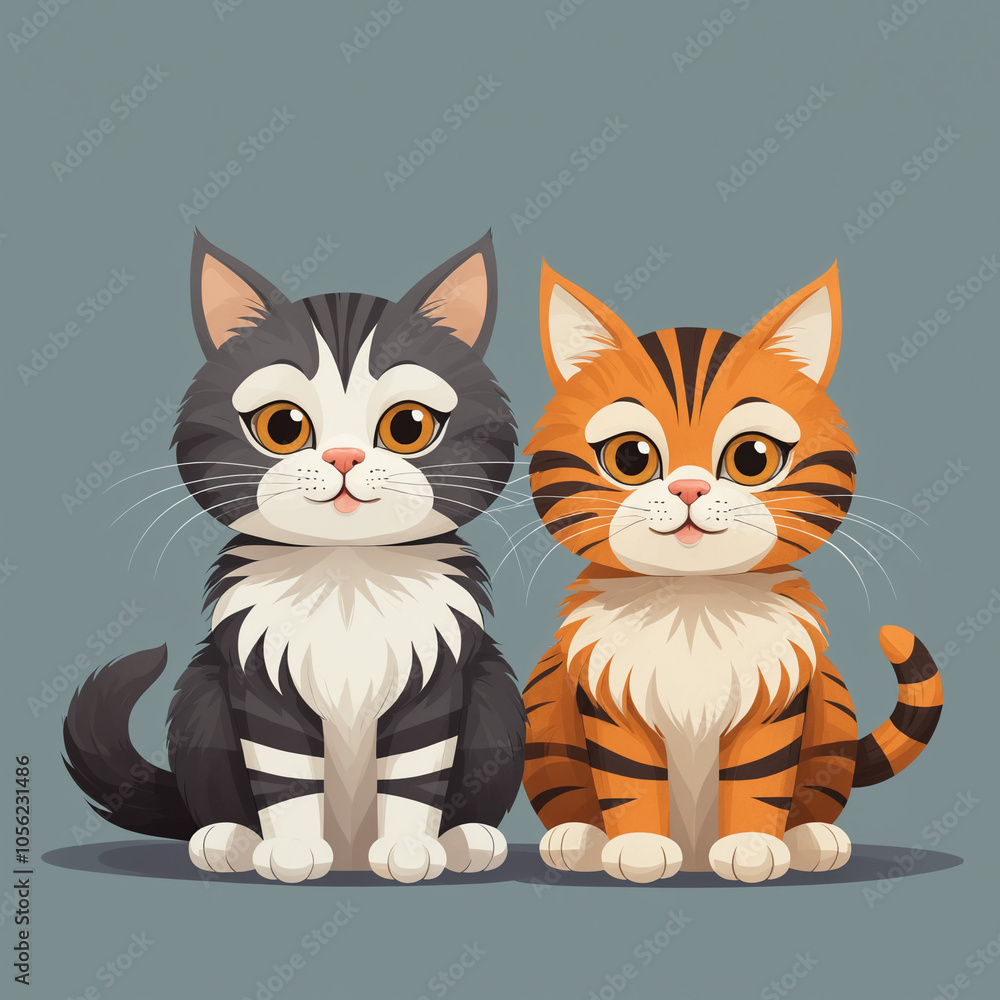 Fototapeta premium Cute cartoon cats sitting side by side with playful expressions