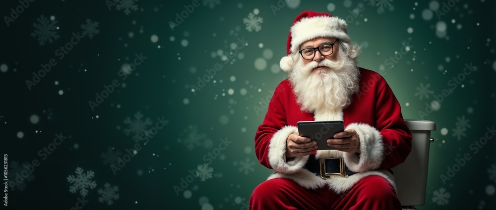 Funny and modern depiction of Santa Claus sitting on a toilet, using a tablet with a festive green background. Captures the blend of tradition and technology during the Christmas holiday.
Funny and modern depiction of Santa Claus sitting on a toilet, using a tablet with a festive green background. Captures the blend of tradition and technology during the Christmas holiday.