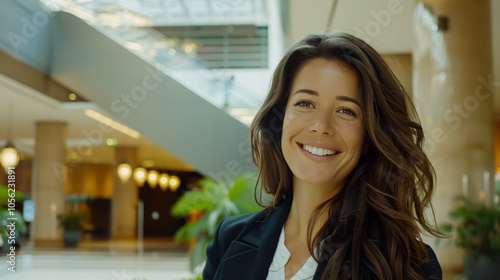 Cute commercial business corporate representative woman model brunette smiling in large building hall lobby