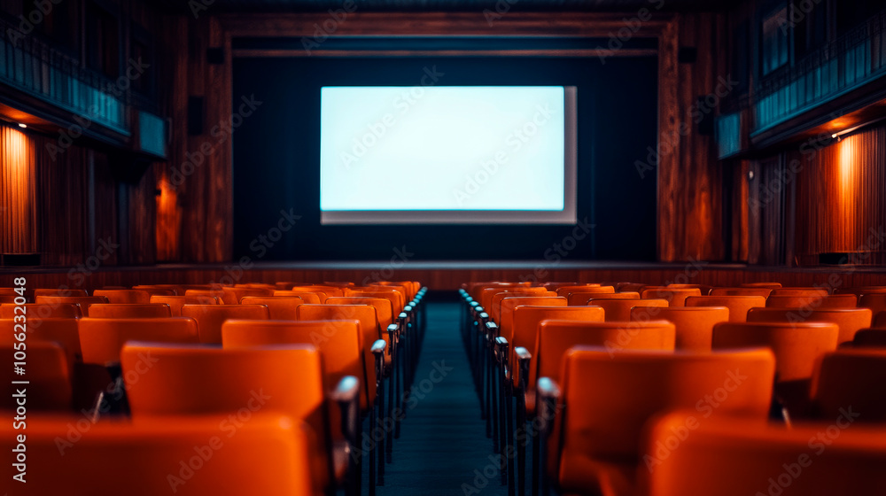 Empty lecture hall with screen, learning environment Empty lecture hall with screen, learning environment