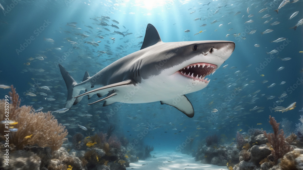 Obraz premium A stunning, dynamic image of a shark swimming powerfully through an underwater reef, surrounded by schools of fish