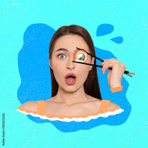 Surprised young woman holding sushi roll with chopsticks near her eye on light background, creative collage