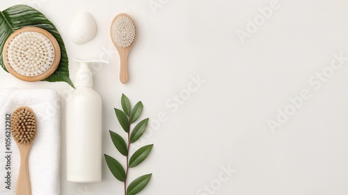 Natural Spa and Wellness Essentials with Brushes, Lotion Bottle, and Green Leaves on White Background, Minimalist Flat Lay with Copy Space for Beauty and Self-Care Marketing