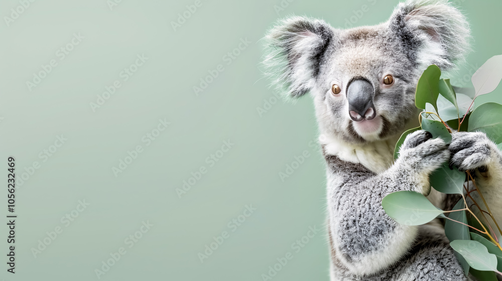 Cute koala holds out an eucalyptus isolated on light pastel green background with copy space Cute koala holds out an eucalyptus isolated on light pastel green background with copy space