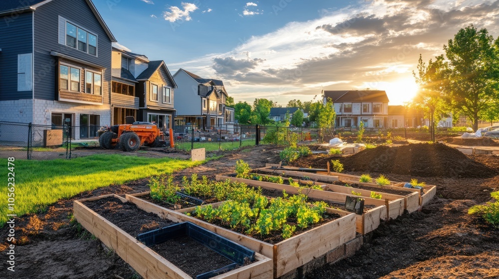 Fototapeta premium A community garden in a new development with rows of raised beds and a tractor in the background at sunset.