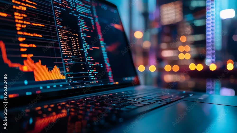 Laptop displaying financial data analysis in evening office Laptop displaying financial data analysis in evening office