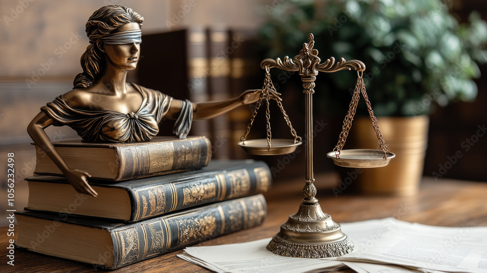 A bronze representation of Lady Justice with scales stands beside stacked law books on a desk, complemented by a small green plant A bronze representation of Lady Justice with scales stands beside stacked law books on a desk, complemented by a small green plant