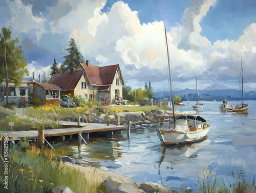 A white sailboat is docked at a wooden pier in front of a house with a red roof on a sunny day.